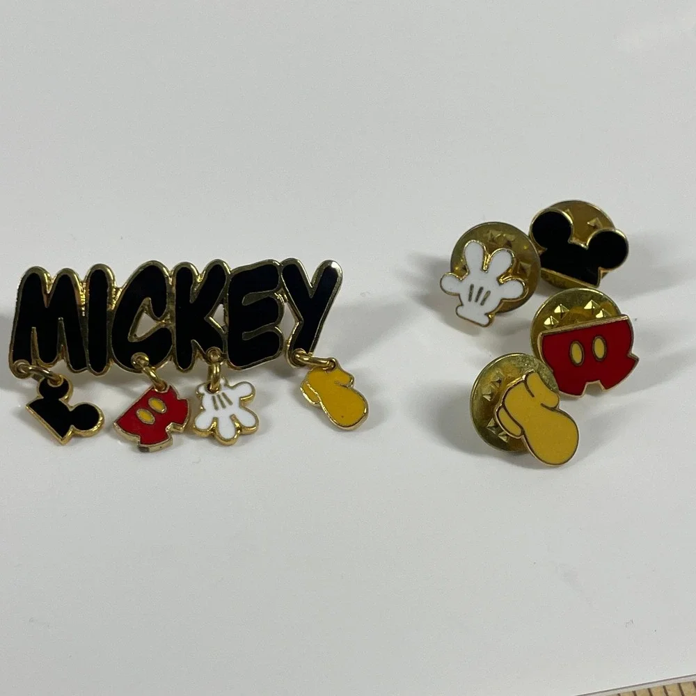 Disney Mickey Mouse Enamel Pin Set Vintage Gold Tone Dangle Name 5pc OS